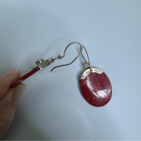 Coral and Peridot Sterling Silver Earrings Oval 925 Scrolled Hook Wires Bohemian - Picture 4 of 13